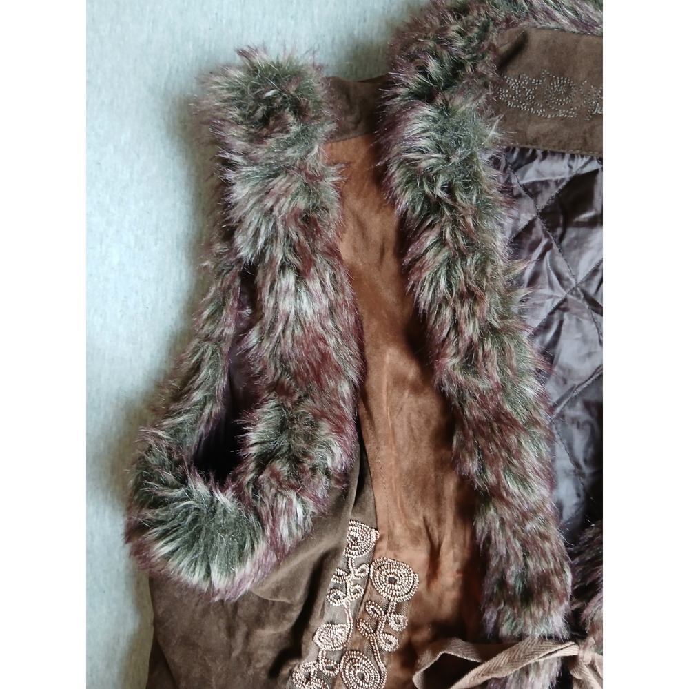 Vintage Vest Medium Faux Suede Fur Embroidered Penny Lane Boho Western Bow - Picture 3 of 13